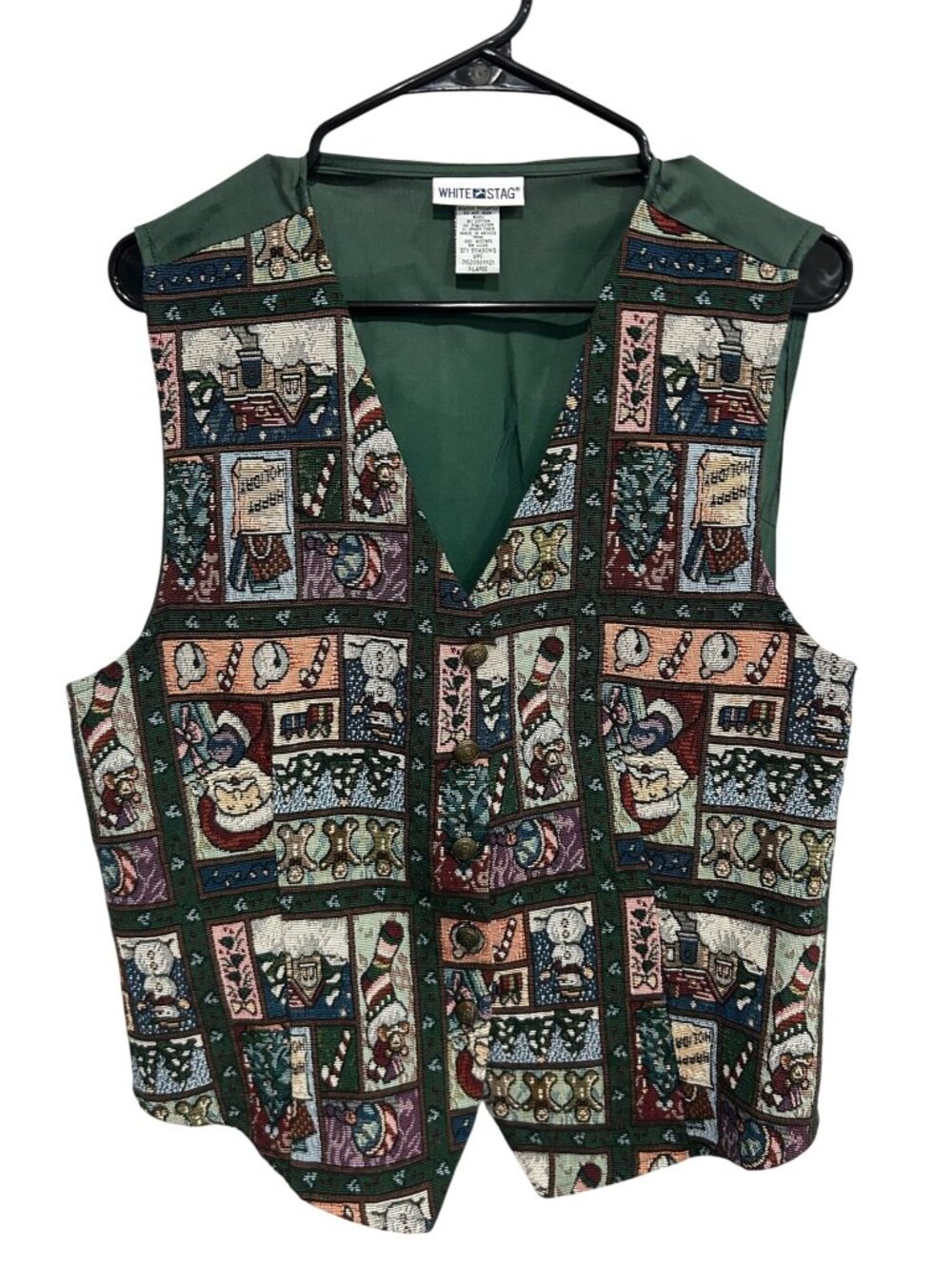 White Stag XL Christmas Tapestry Vest Patchwork Santa Holiday Kitschy Vintage